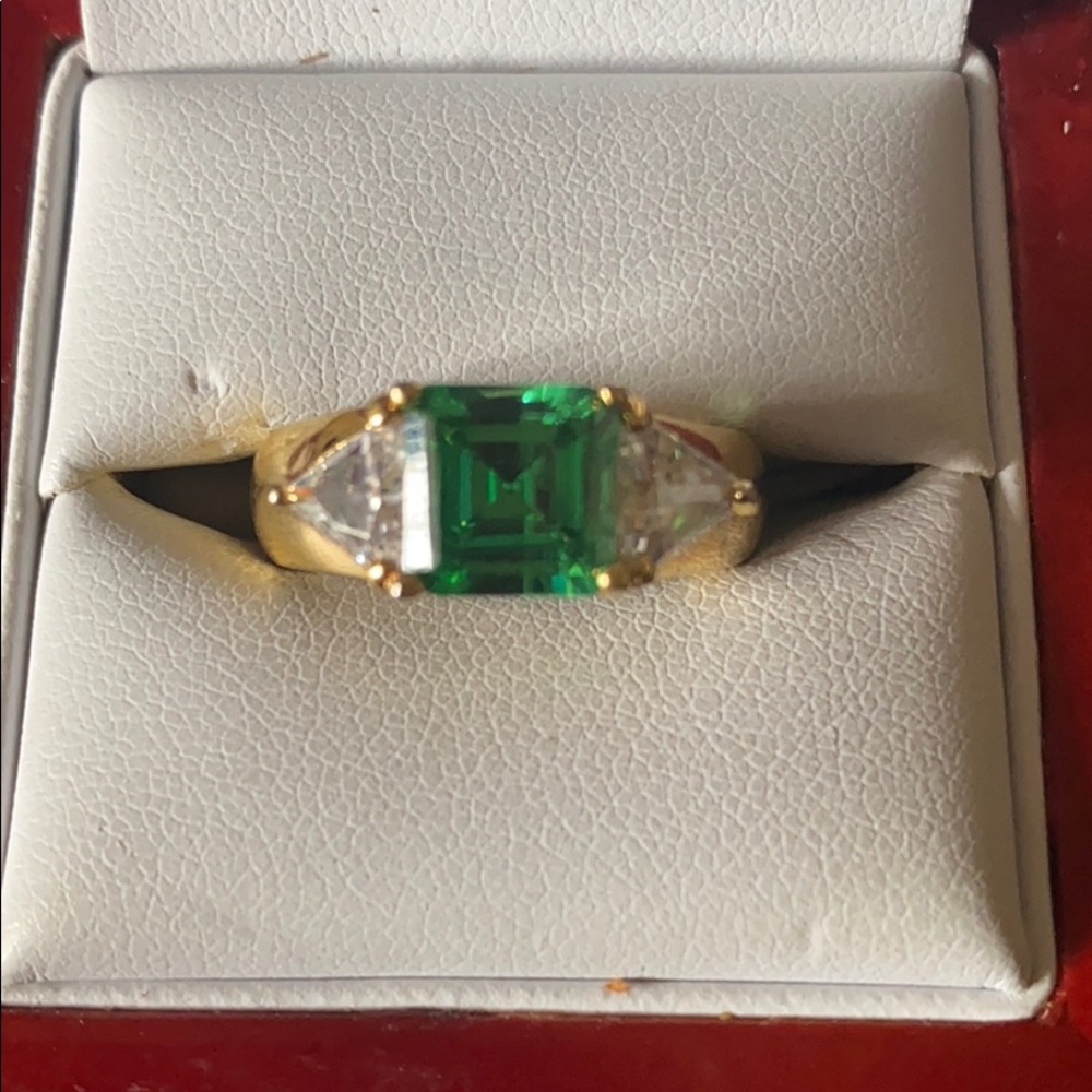 Sterling S CZ and green stone gold plated ring - Picture 1 of 6